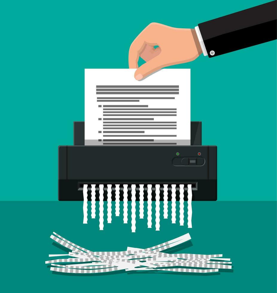 Shredder machine and hand with document paper. Office device for destruction of documents. Vector illustration in flat style