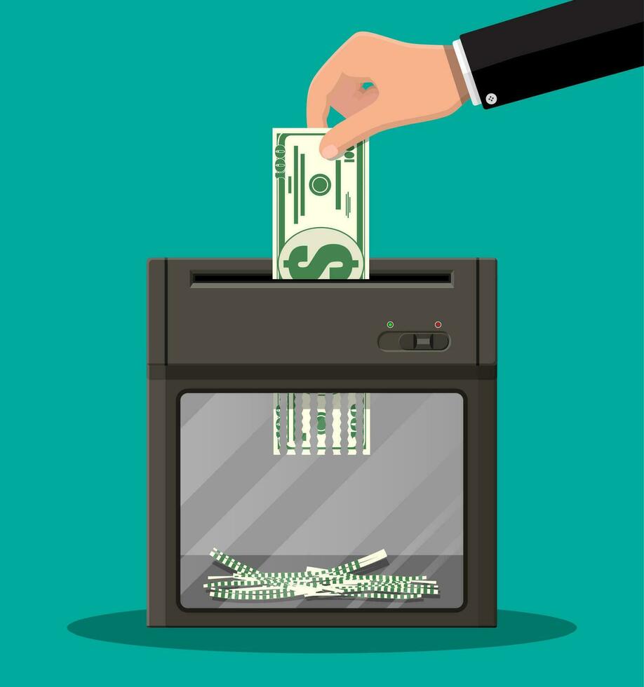 Hand putting dollar banknote in shredder machine. Destruction termination cutting money. Lose money or overspending. Vector illustration in flat style