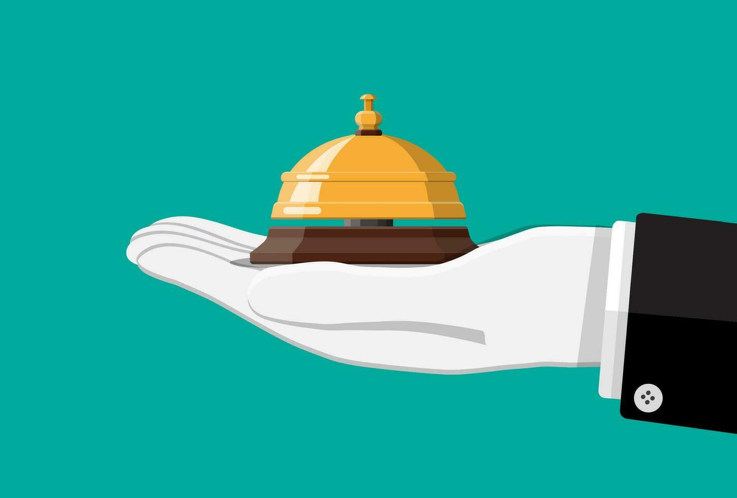 Golden service bell in hand. Help, alarm and support concept. Hotel, hospital, reception, lobby and concierge. Vector illustration in flat style