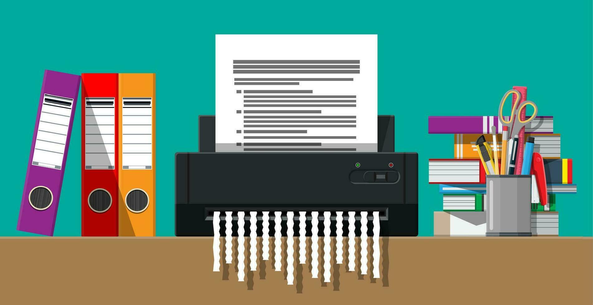 Paper document in shredder machine. Torn to shreds document. Contract termination concept. Table with books, stationery, ring binder. Vector illustration in flat design