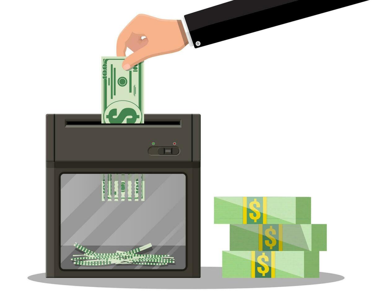 Hand putting dollar banknote in shredder machine. Destruction termination cutting money. Lose money or overspending. Vector illustration in flat style