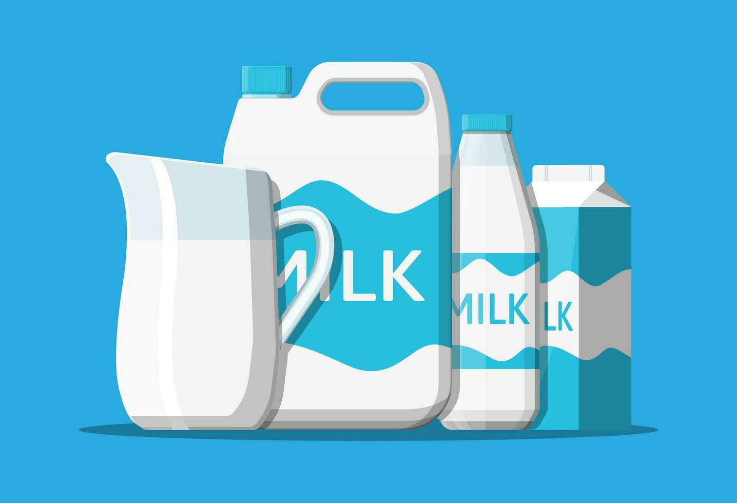 Milk set isolated on blue. Milk dairy drink. Glass bottle, paper packet, ceramic jug and plastic container. Organic healthy product. Vector illustration in flat style