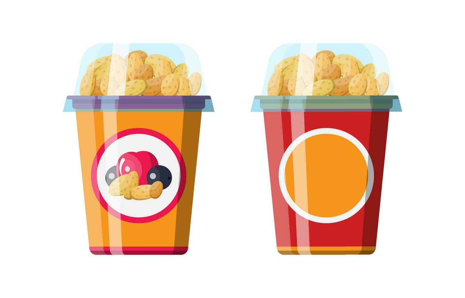 Natural fruit berry yogurt with oats or cornflakes. Strawberry black currant cherry yogurt dessert. Food plastic glass. Milk product. Organic healthy product. Vector illustration in flat style