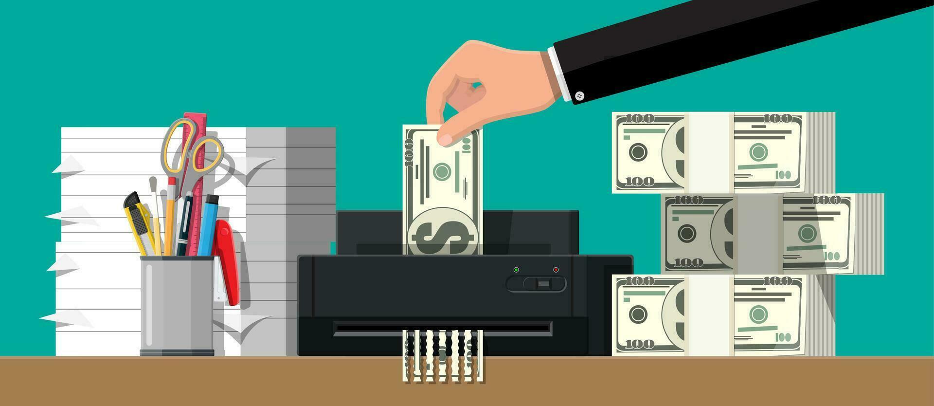 Hand putting dollar banknote in shredder machine. Destruction termination cutting money. Lose money or overspending. Vector illustration in flat style