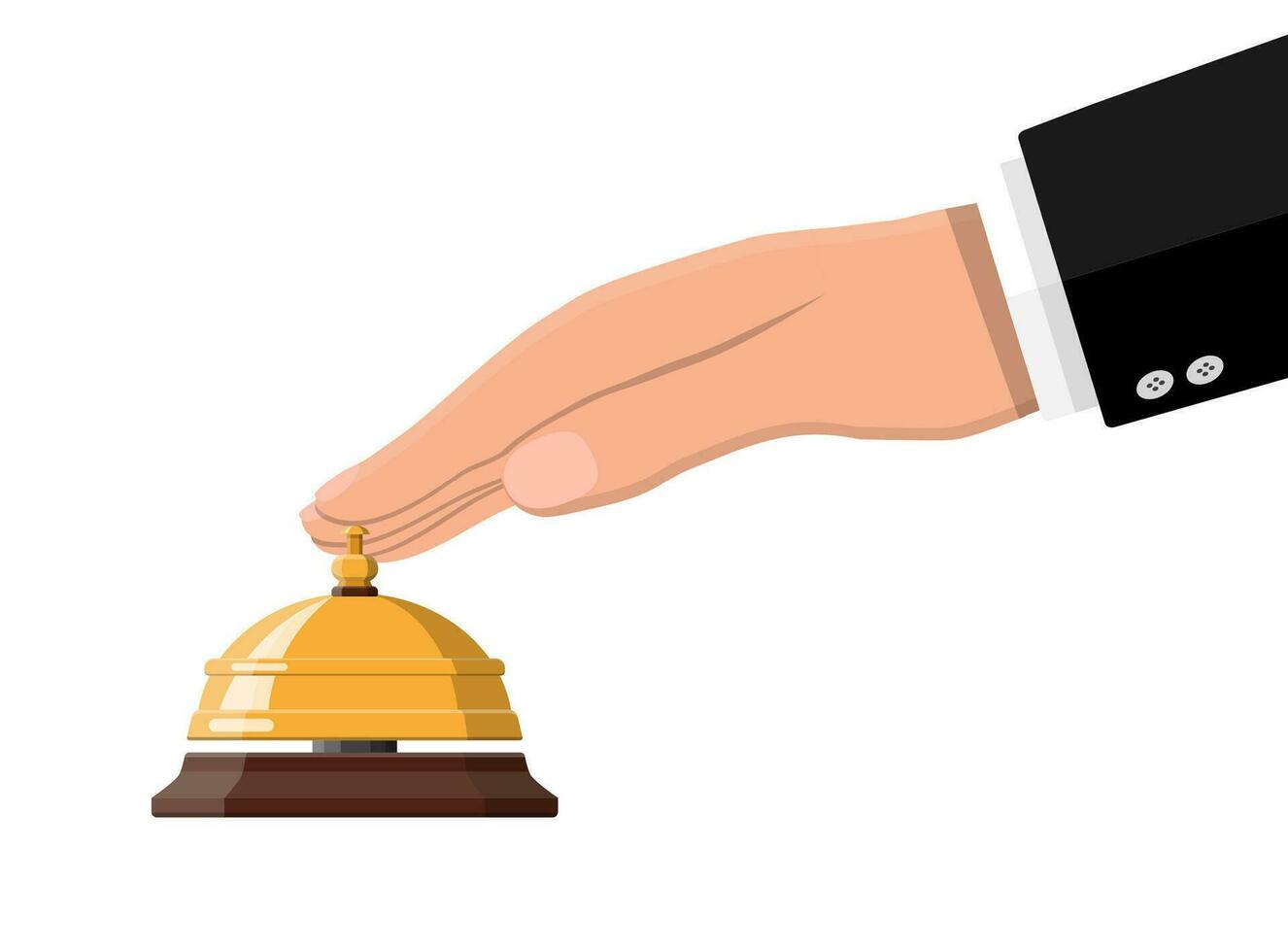Golden service bell and hand. Help, alarm and support concept. Hotel, hospital, reception, lobby and concierge. Vector illustration in flat style
