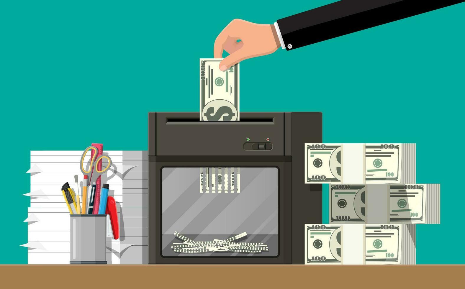 Hand putting dollar banknote in shredder machine. Destruction termination cutting money. Lose money or overspending. Vector illustration in flat style