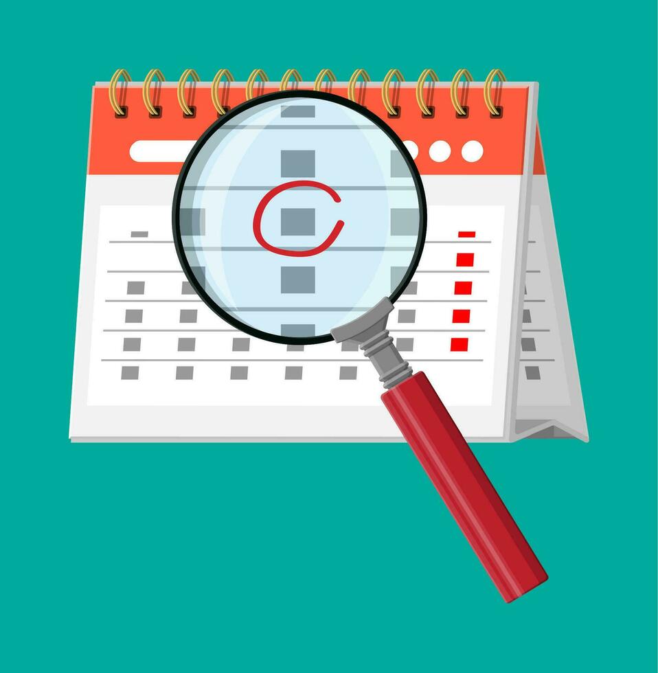 Paper spiral wall calendar and magnifying glass. Calendar flat icon. Schedule, appointment, organizer, timesheet, important date. Vector illustration in flat style