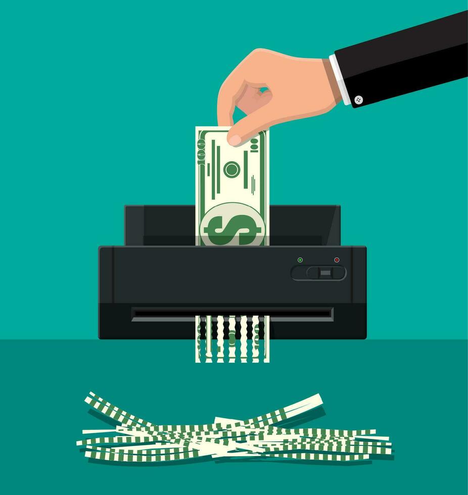Hand putting dollar banknote in shredder machine. Destruction termination cutting money. Lose money or overspending. Vector illustration in flat style