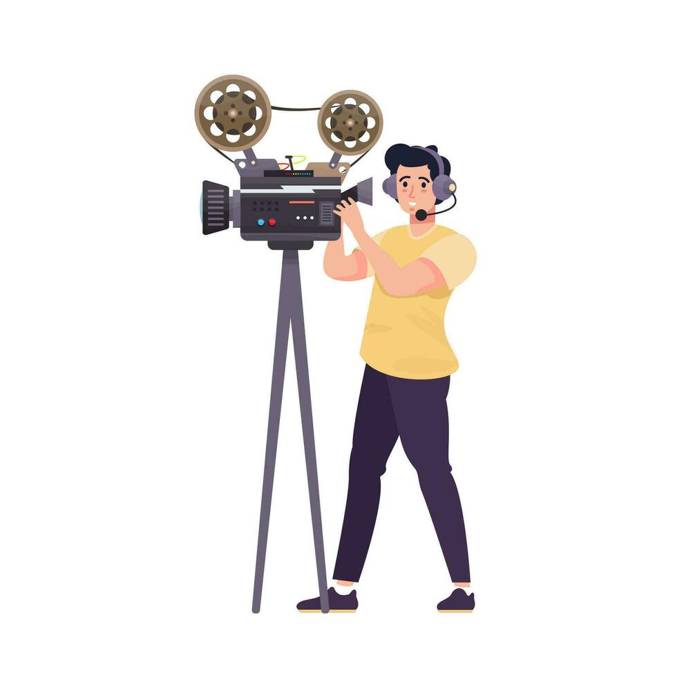 Video operator with a camera. Camera man working in video studio, television. Professional videographer isolated. Character filming, shooting a movie. Flat vector illustration.