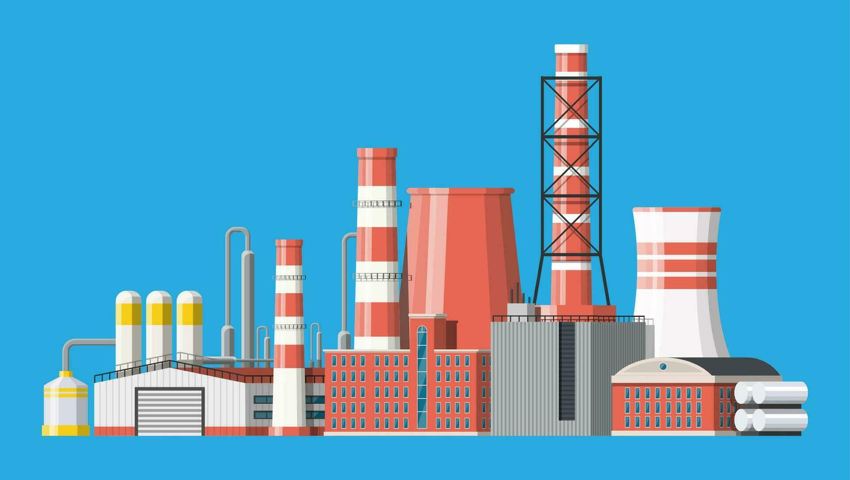 Factory icon building. Industrial factory, power plant. Pipes, buildings, warehouse, storage tank. Vector illustration in flat style