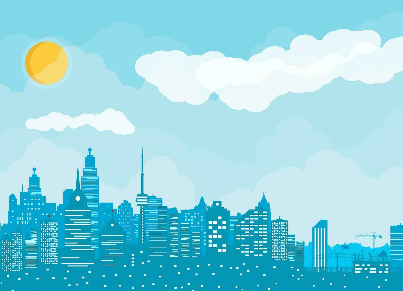 City skyline silhouette. Skyscappers, towers, office and residental buildings. Cityscape under sky, clouds and sun. Vector illustration