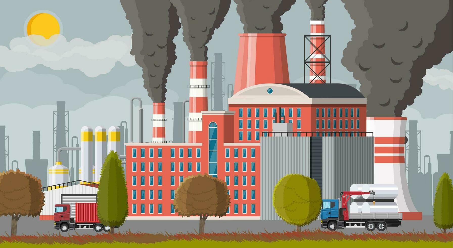 Plant smoking pipes. Smog in city. Trash emission from factory. Grey sky polluted trees grass. Cityscape skyline, urban. Environmental pollution ecology nature. Vector illustration flat style