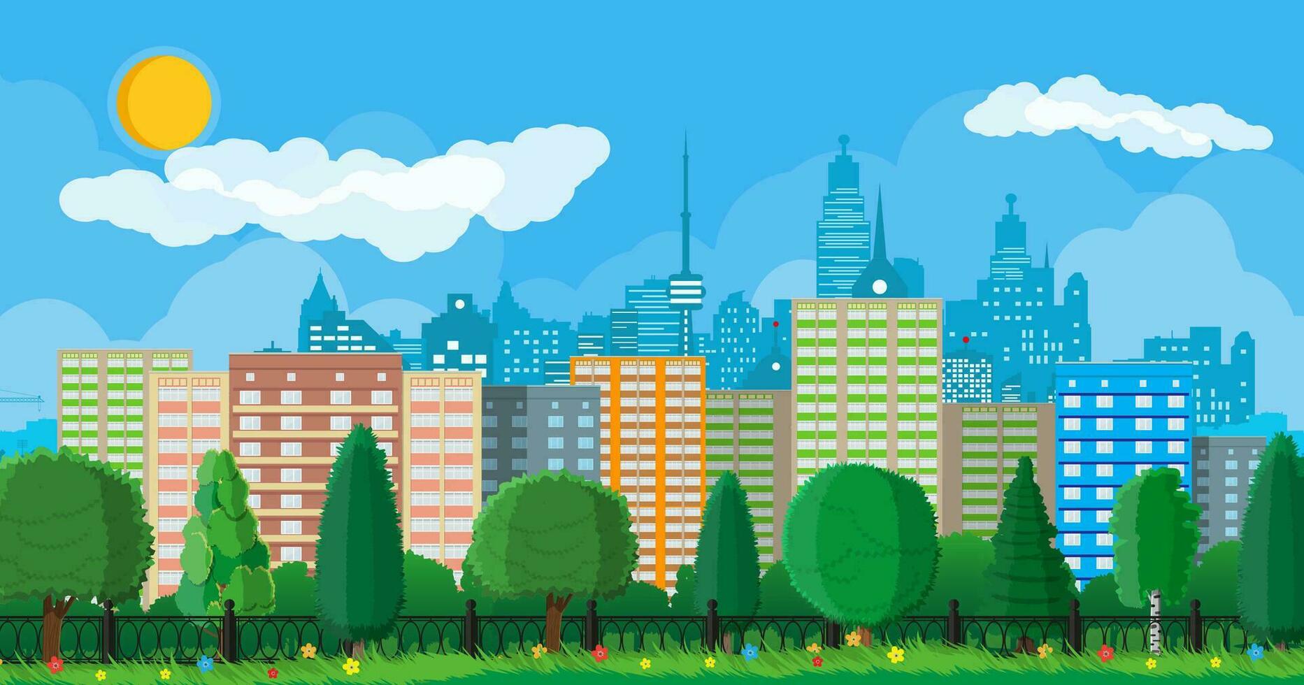 City park concept. Urban forest panorama with fence. Cityscape with buildings and trees. Sky with clouds and sun. Leisure time in summer city park. Vector illustration in flat style