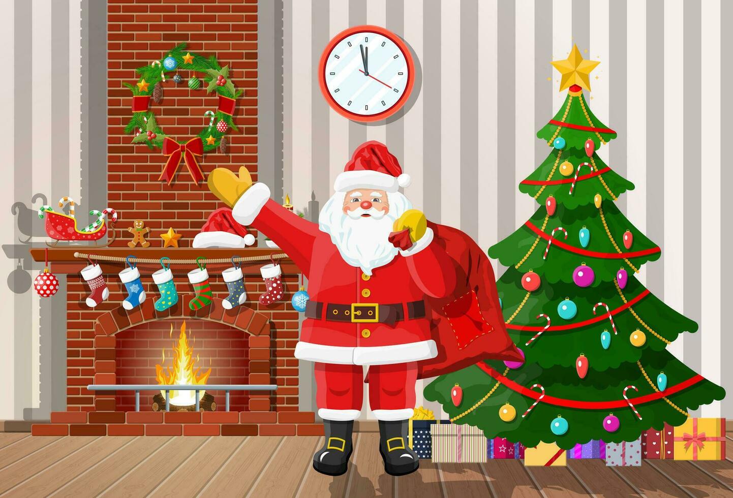 Christmas interior of room with tree, santa claus gifts and decorated fireplace. Happy new year decoration. Merry christmas holiday. New year and xmas celebration. Vector illustration flat style