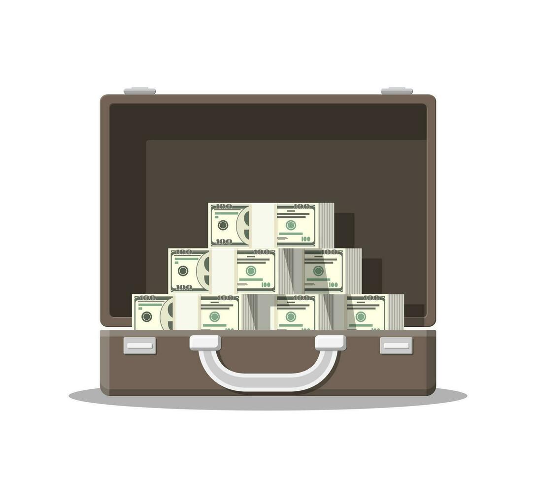 Open leather suitcase full of money. Stacks of dollar banknotes in case. Symbol of wealth. Business success. Flat style vector illustration.