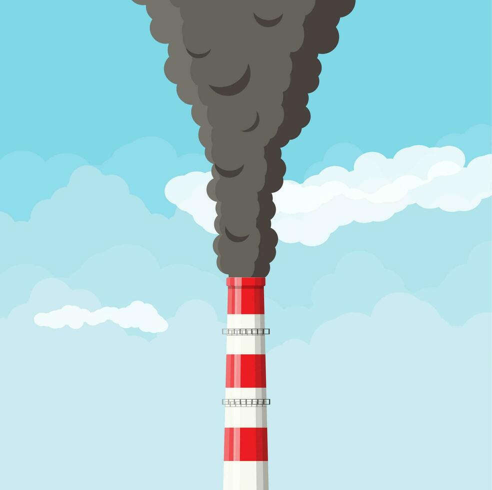 Smoking factory pipe against clear sky with clouds. Plant pipe with dark smoke. Carbon dioxide emissions. Environment contamination. Pollution of environment co2. Vector illustration in flat style