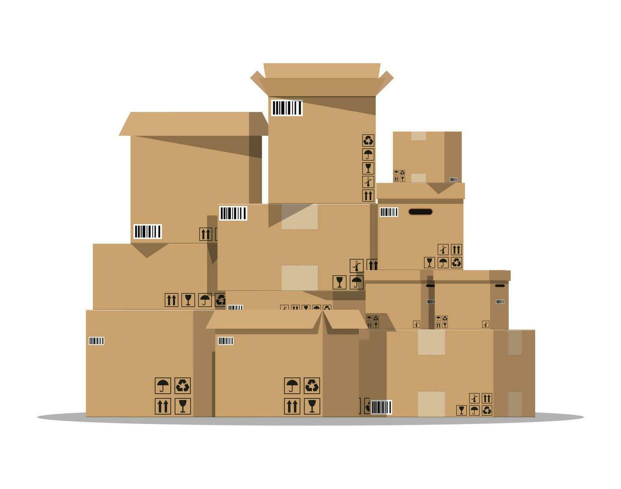 Pile cardboard boxes set. Carton delivery packaging open and closed box with fragile signs. Vector illustration in flat style