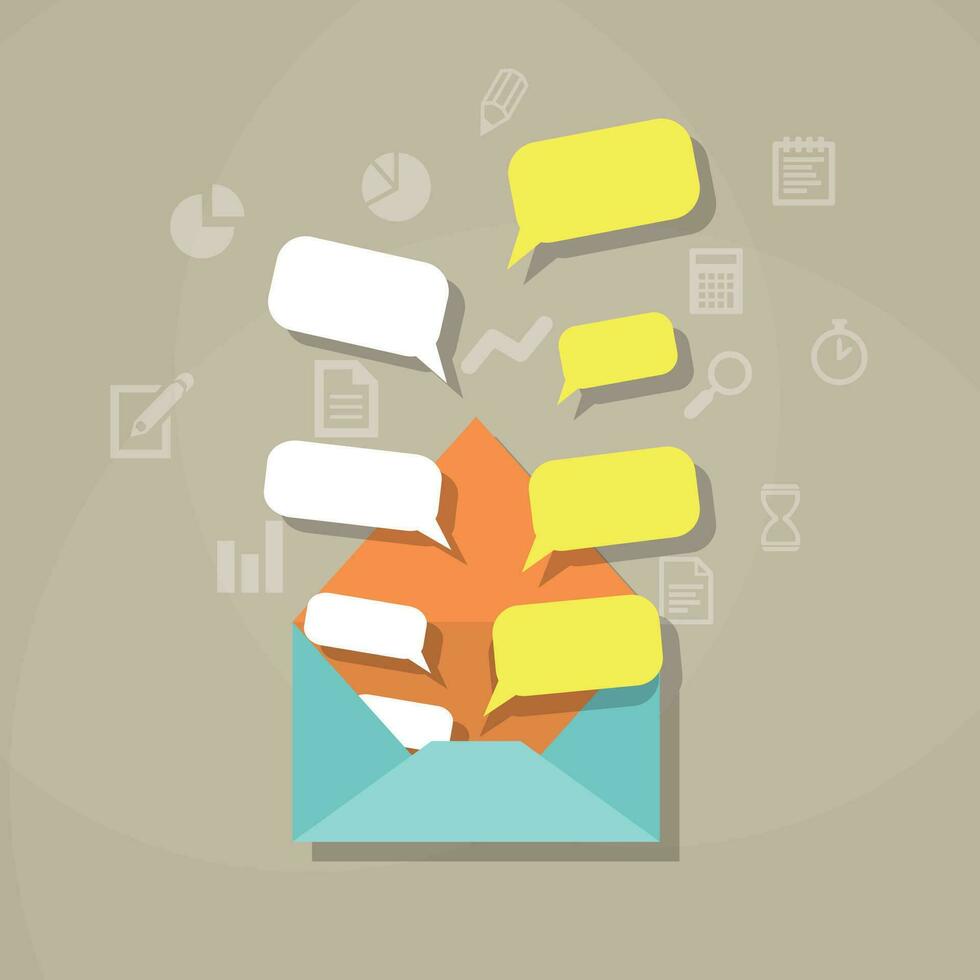 Blue Envelope with white and yellow chat bubble quote. vector illustration in flat design on brown background, Communication concept