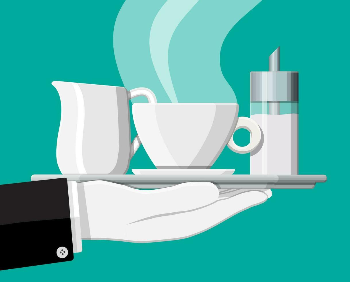 Coffee on saucer, milk jug, sugar dispenser on plate in hand of waiter. Vector illustration in flat style