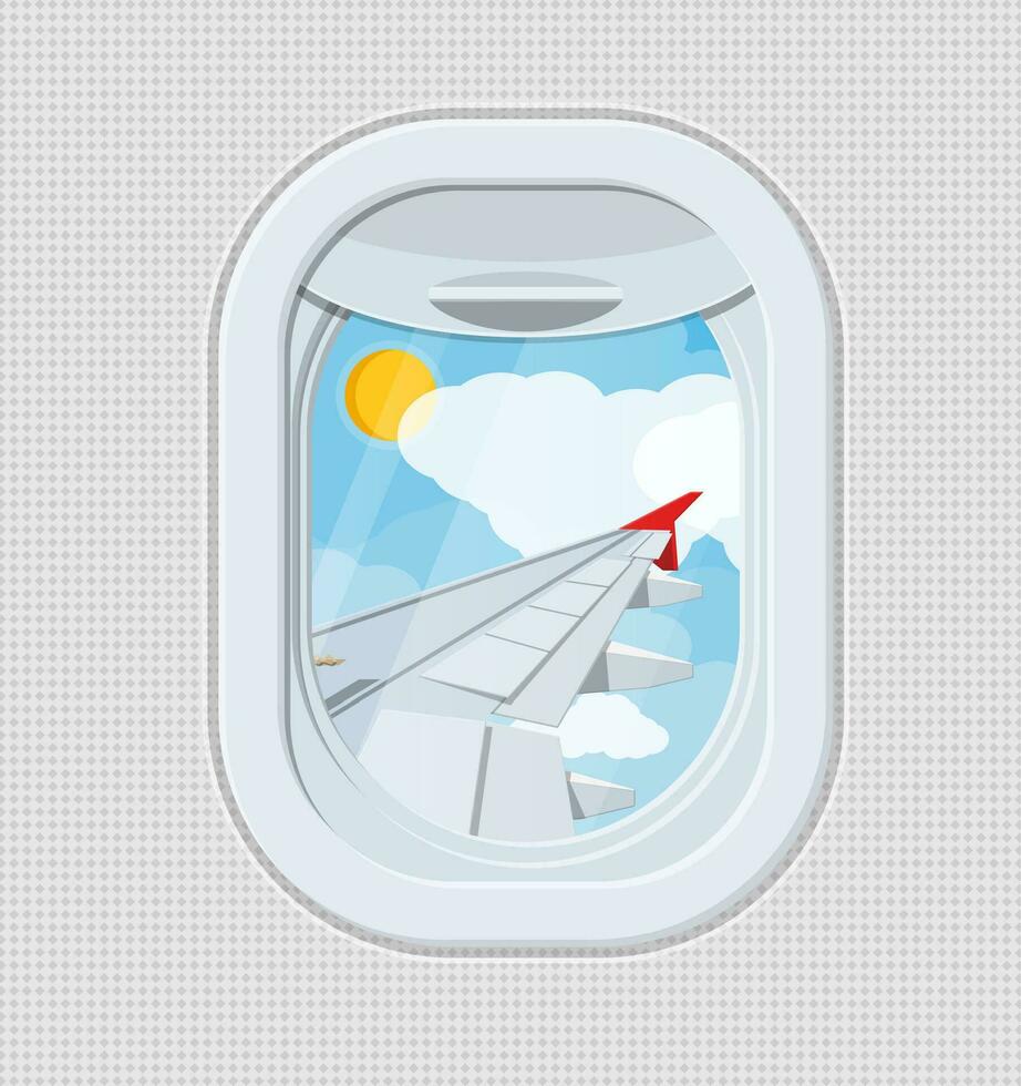 Window from inside the airplane. Aircraft porthole shutter and wing. Sky, sun and clouds behind a board. Air journey or vacation concept. Vector illustration in flat style