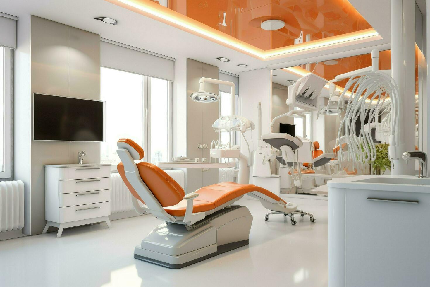 AI generated Modern dental office decoration pink color, Dental clinic chair in hospital bed, room, chair, window, Ai generated photo