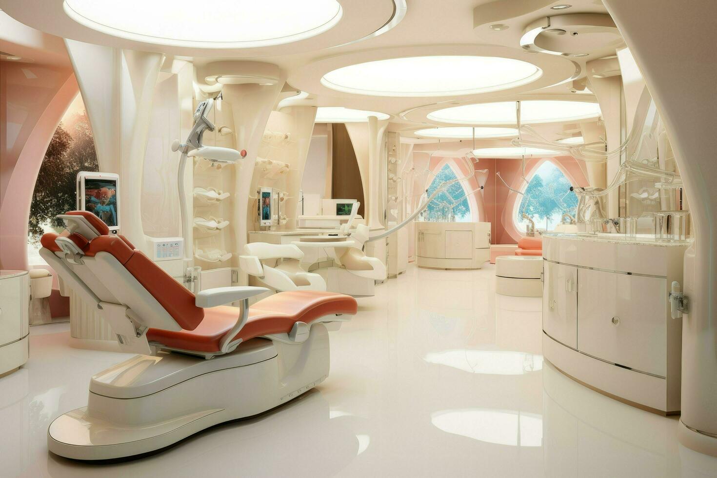 AI generated Modern dental office decoration pink color, Dental clinic chair in hospital bed, room, chair, window, Ai generated photo