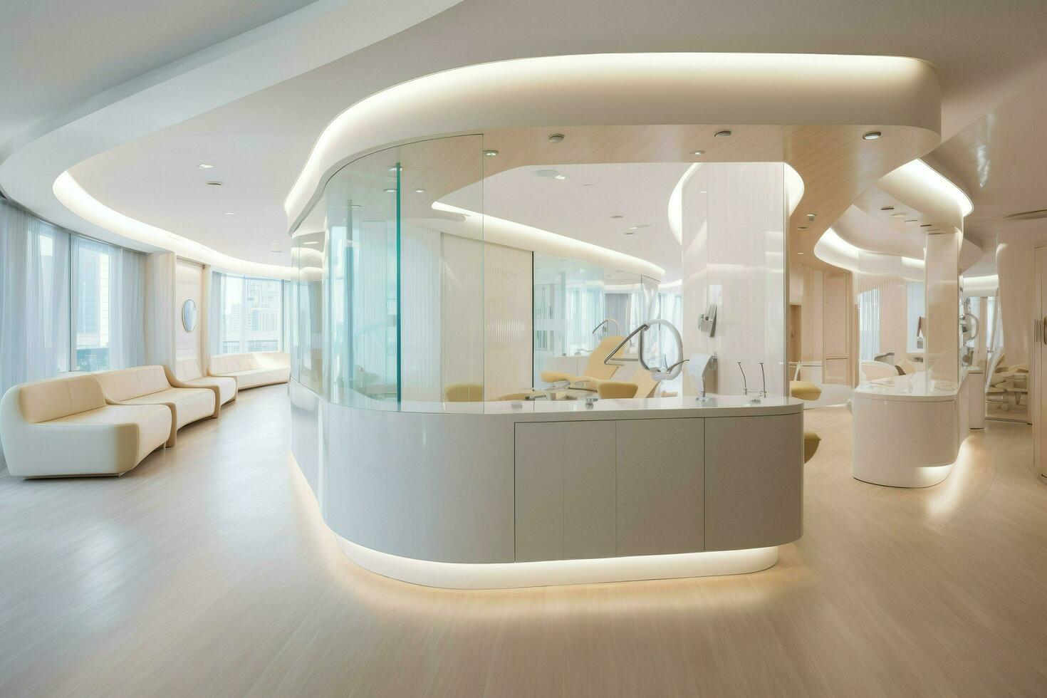 AI generated Modern dental office, Dental clinic chair in hospital bed, room, chair, window, Ai generated photo