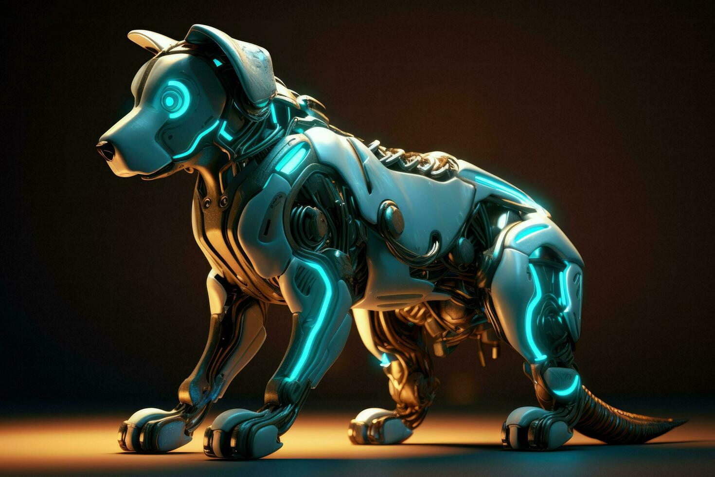 AI generated Dog robot future artificial metallic technology modern cyborg intelligence science robot glowing light Ai Generated photo