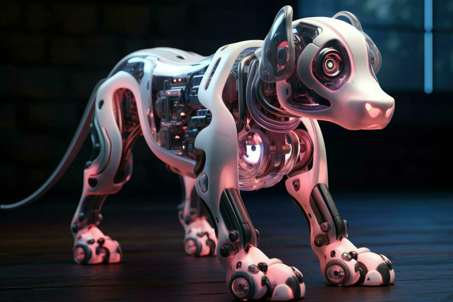 AI generated Dog robot future artificial metallic technology modern cyborg intelligence science robot glowing light Ai Generated photo