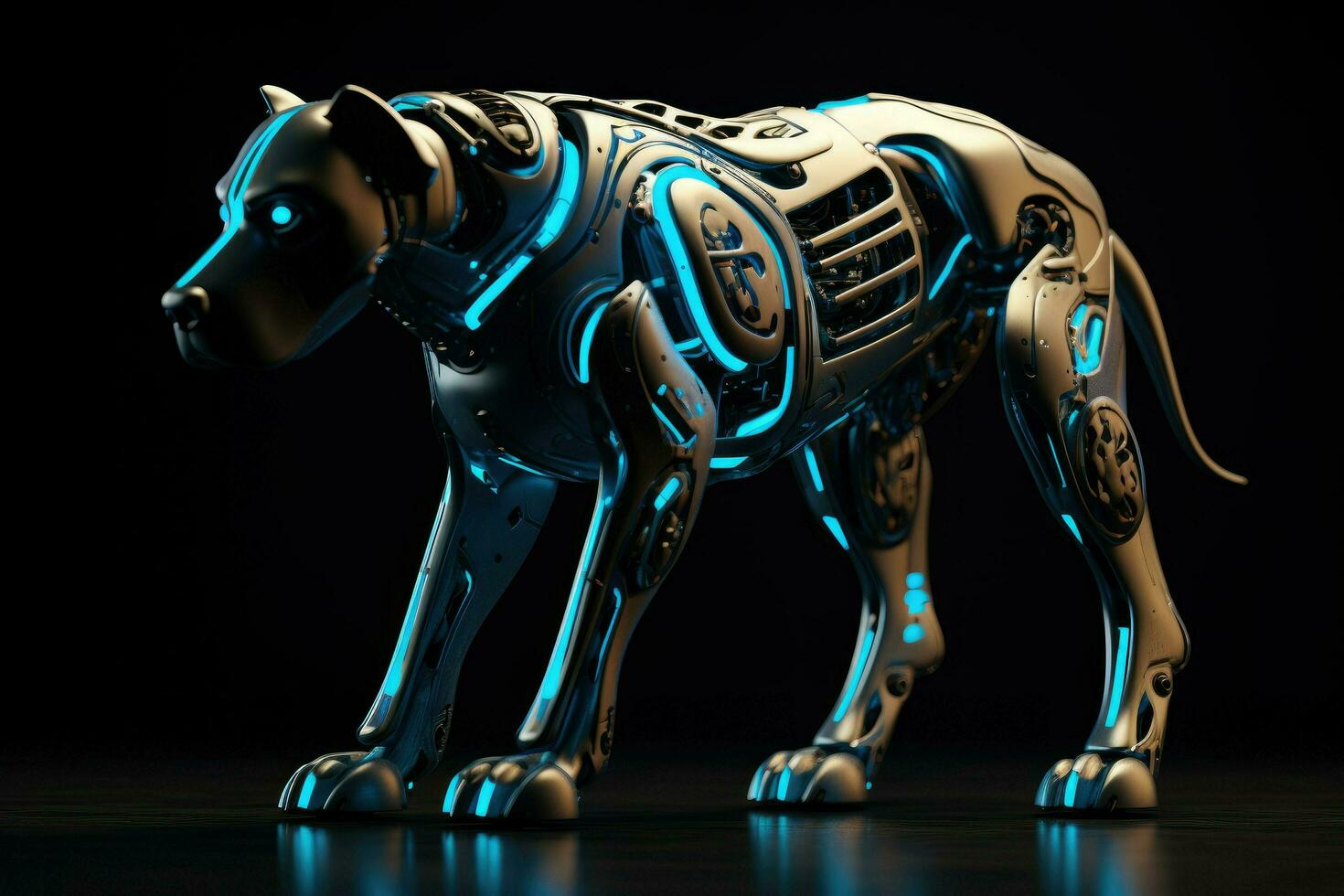 AI generated Dog robot future artificial metallic technology modern cyborg intelligence science robot glowing light Ai Generated photo
