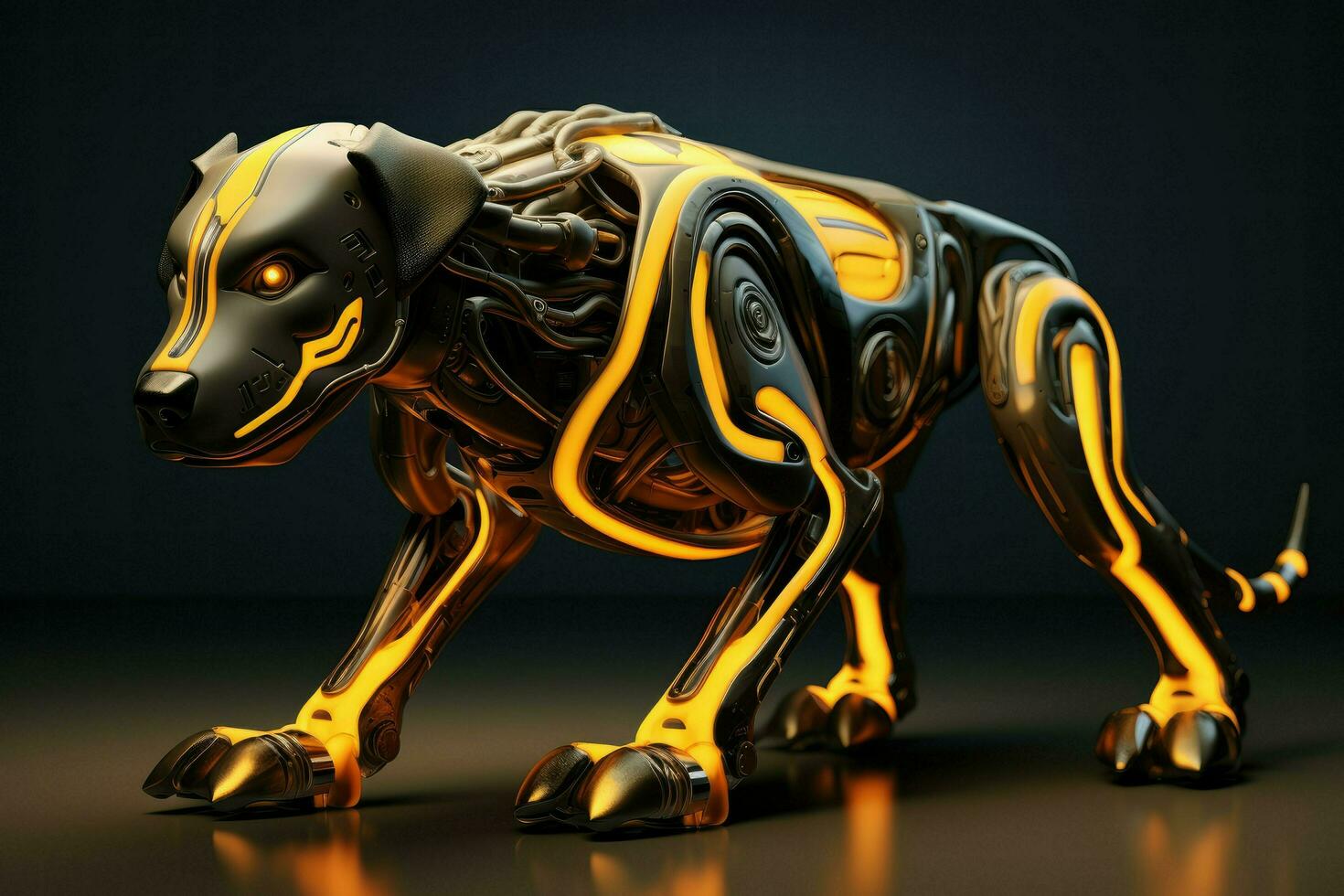 AI generated Dog robot future artificial metallic technology modern cyborg intelligence science robot glowing light Ai Generated photo