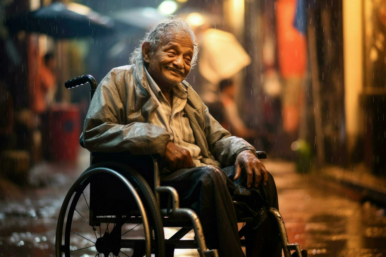 AI generated An old man is sitting in a wheelchair on a raining city ,Elderly man in a wheelchair on the background of the city, AI Generated photo
