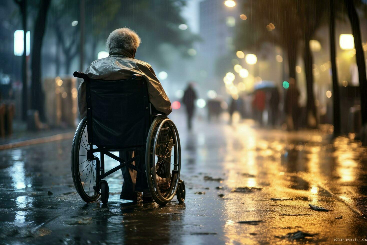 AI generated An old man is sitting in a wheelchair on a raining city ,Elderly man in a wheelchair on the background of the city, AI Generated photo