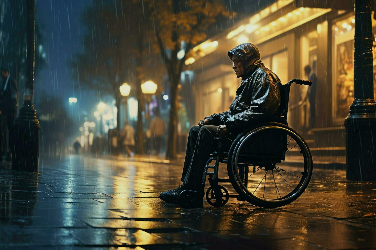 AI generated An old man is sitting in a wheelchair on a raining city ,Elderly man in a wheelchair on the background of the city, AI Generated photo