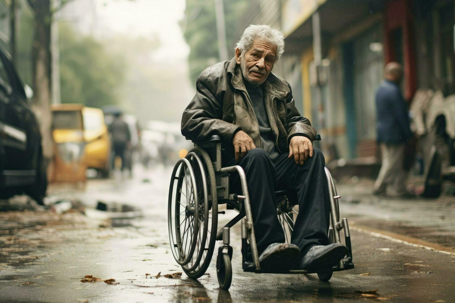 AI generated An old man is sitting in a wheelchair on a raining city ,Elderly man in a wheelchair on the background of the city, AI Generated photo