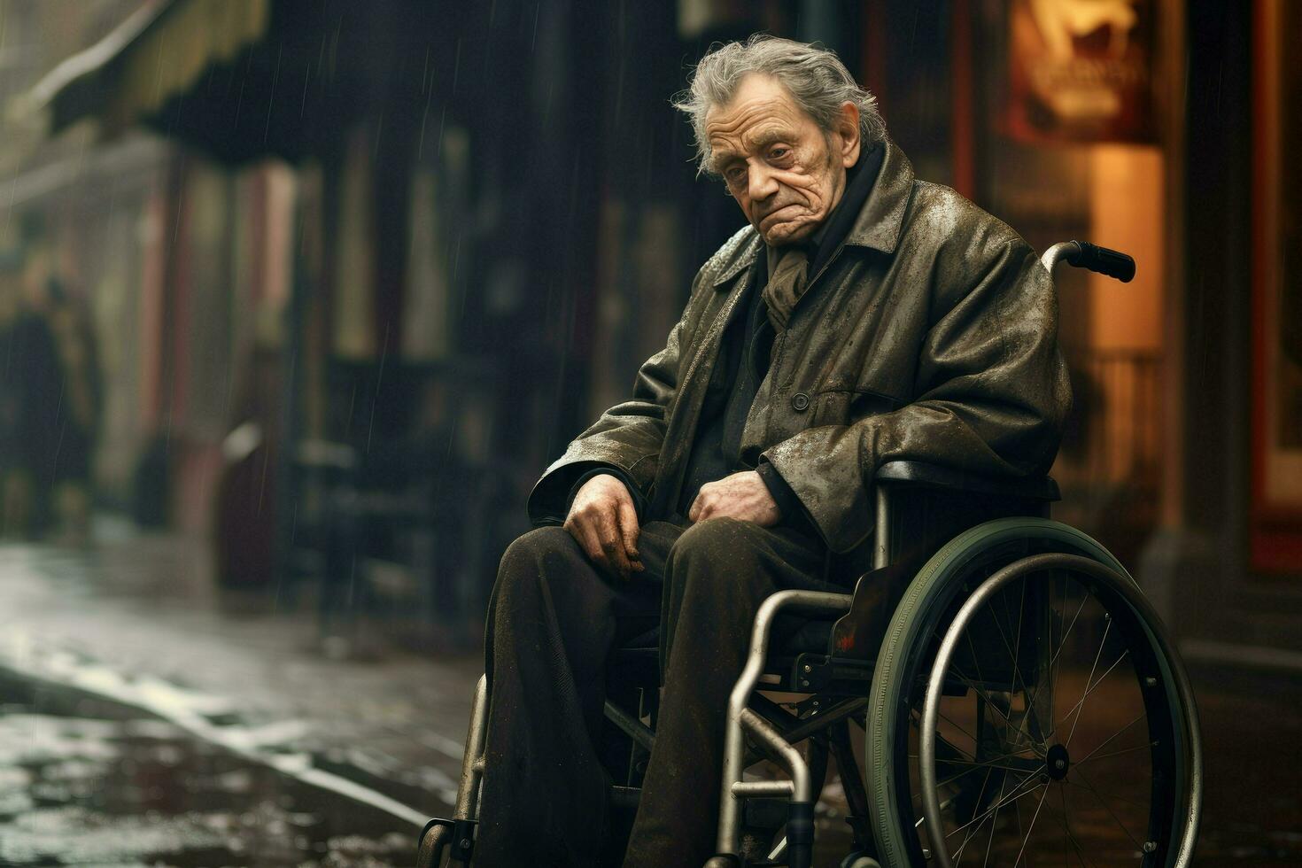 AI generated An old man is sitting in a wheelchair on a raining city ,Elderly man in a wheelchair on the background of the city, AI Generated photo