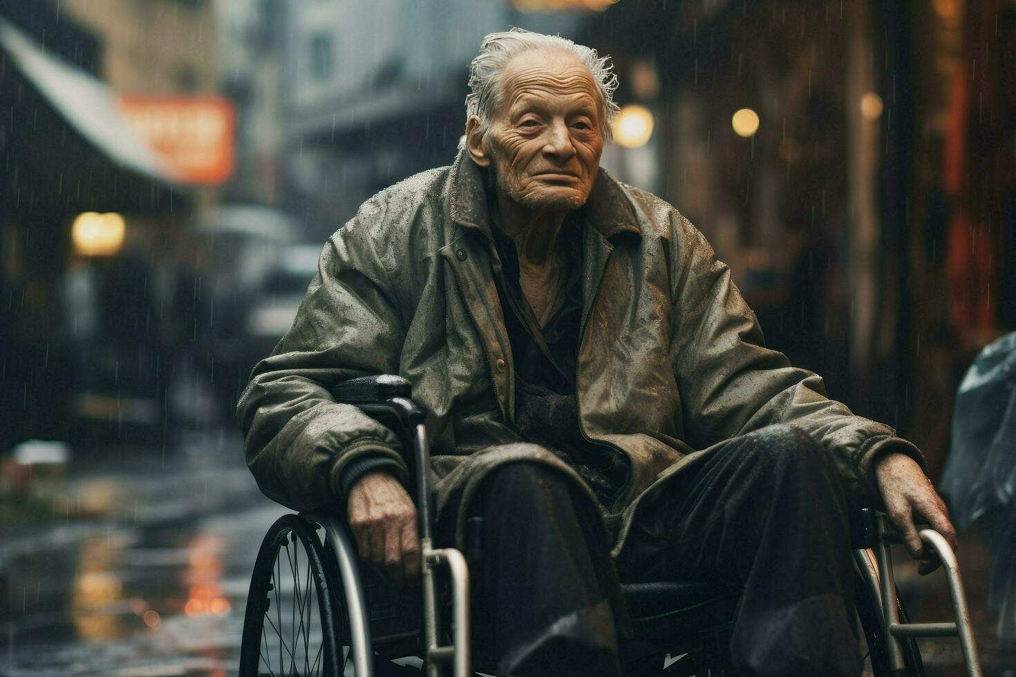 AI generated An old man is sitting in a wheelchair on a raining city ,Elderly man in a wheelchair on the background of the city, AI Generated photo
