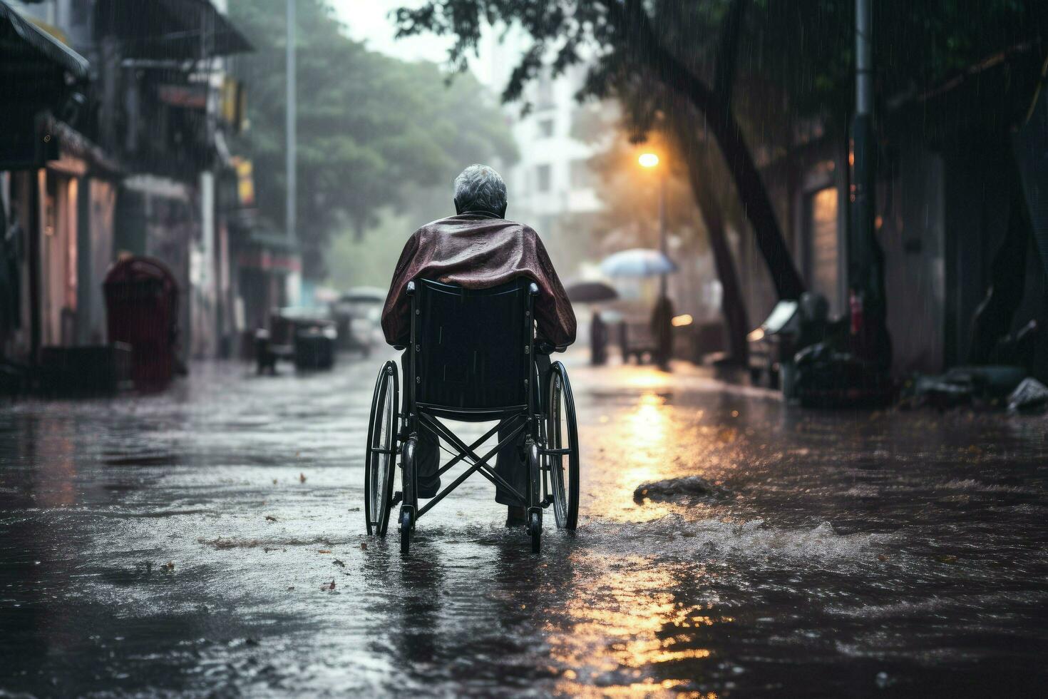 AI generated An old man is sitting in a wheelchair on a raining city ,Elderly man in a wheelchair on the background of the city, AI Generated photo