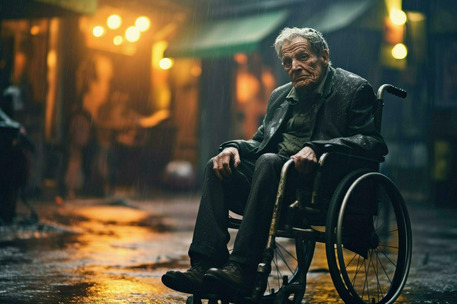 AI generated An old man is sitting in a wheelchair on a raining city ,Elderly man in a wheelchair on the background of the city, AI Generated photo