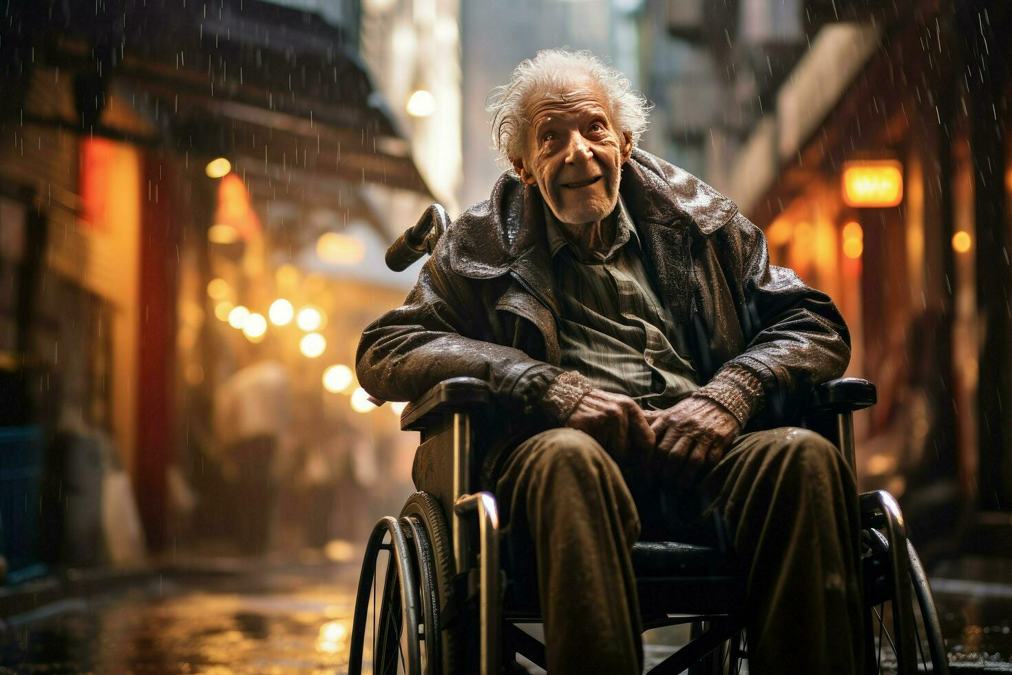 AI generated An old man is sitting in a wheelchair on a raining city ,Elderly man in a wheelchair on the background of the city, AI Generated photo