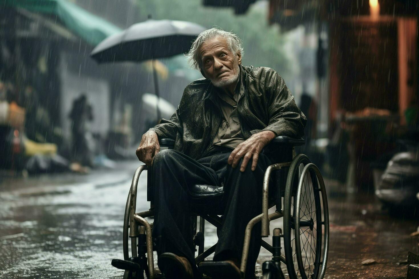 ai generado un antiguo hombre es sentado en un silla de ruedas en un lloviendo ciudad ,anciano hombre en un silla de ruedas en el antecedentes de el ciudad, ai generado foto