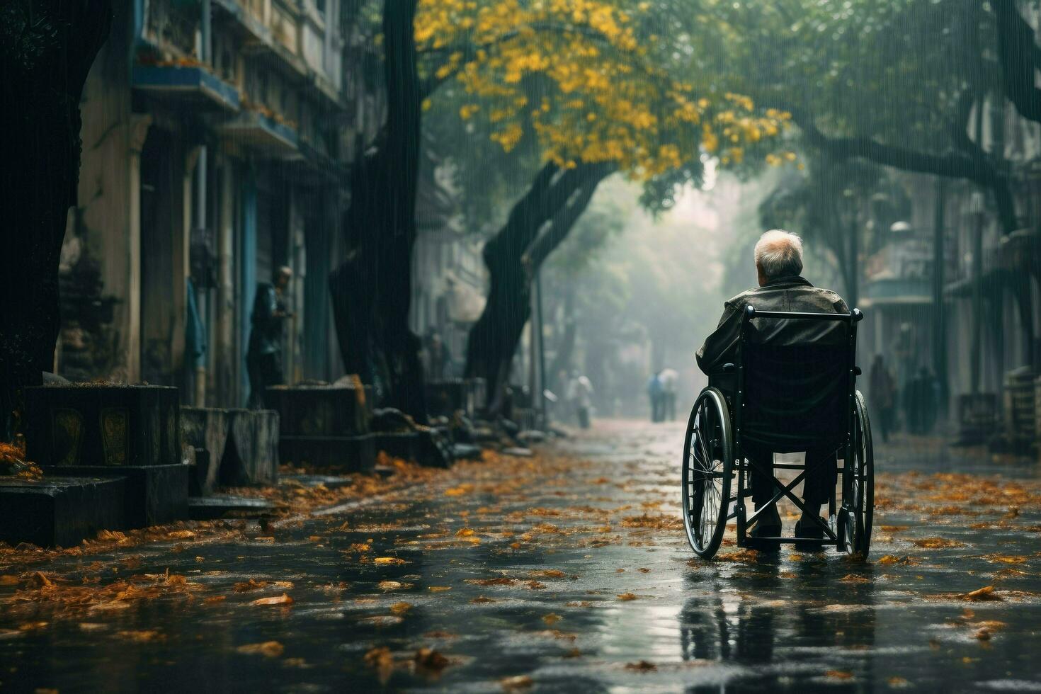 AI generated An old man is sitting in a wheelchair on a raining city ,Elderly man in a wheelchair on the background of the city, AI Generated photo