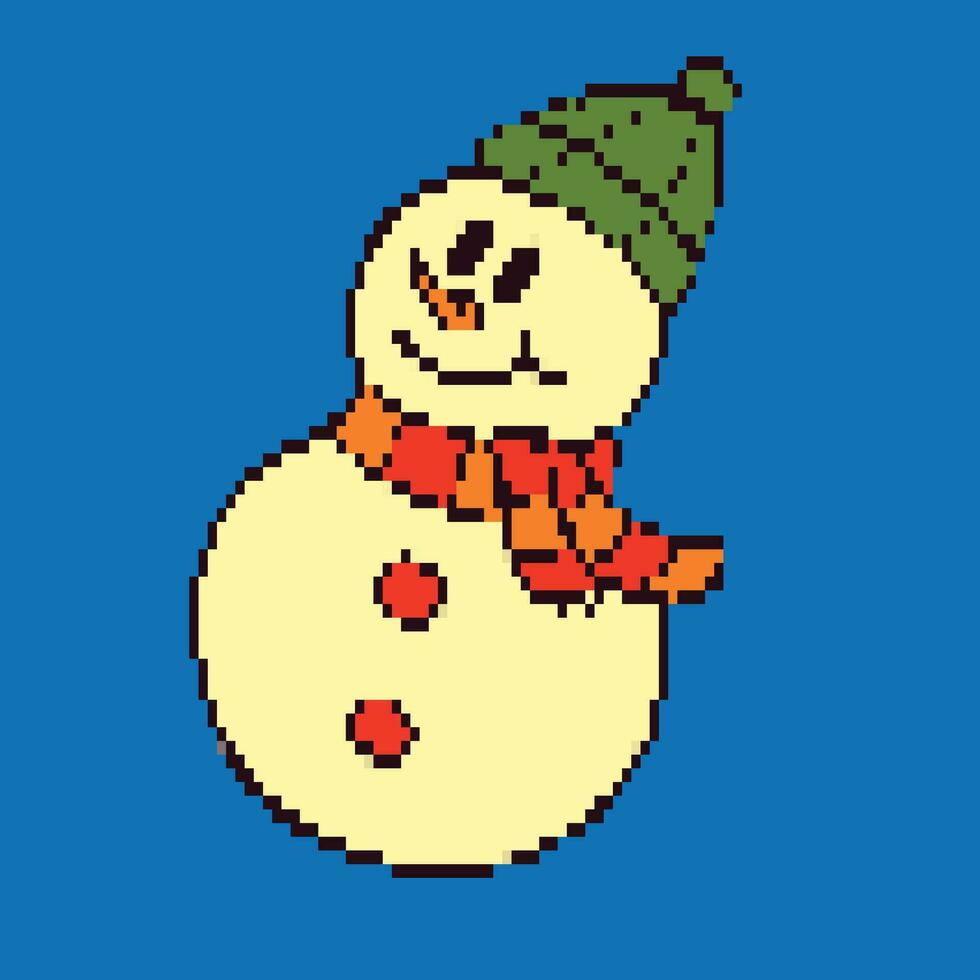 snowman pixel art illustration on blue background vector