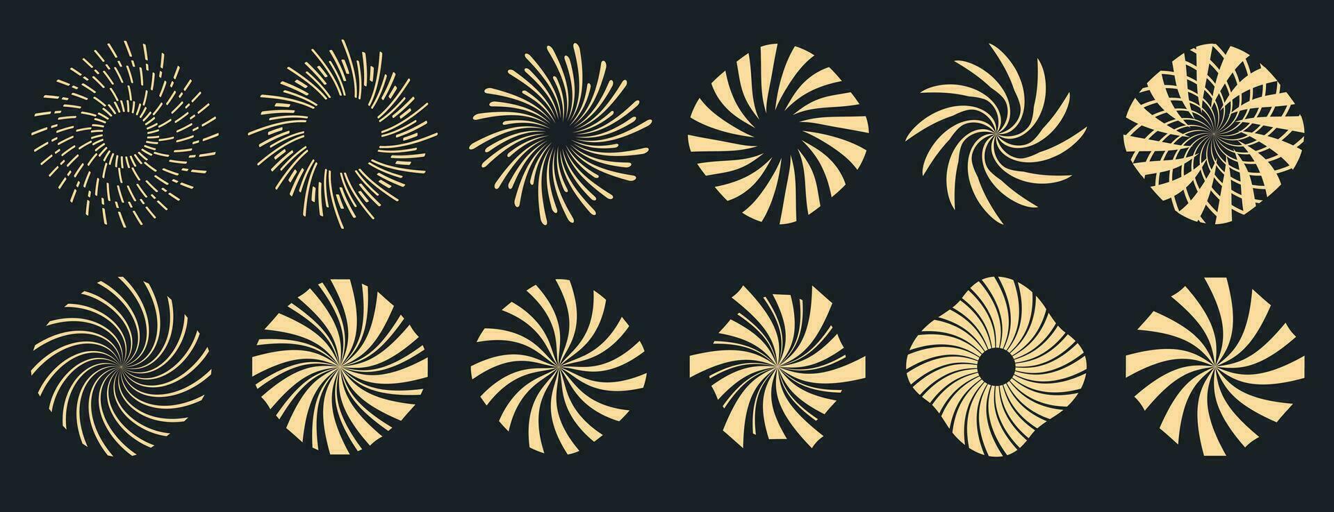 Sunburst collection. Radial sunset beams. Bursting golden sun rays. Fireworks. Logotype or lettering design element. Flat vector illustration.