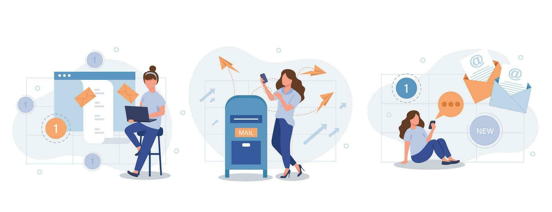 correo electrónico Servicio web concepto con personas escenas conjunto en plano estilo. haz de en línea comunicación programas, enviando y recepción mensajes, promoción Boletin informativo. vector ilustración con personaje diseño