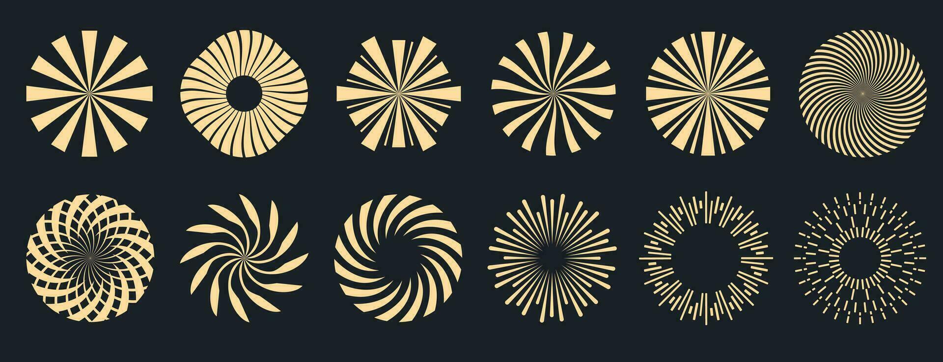 Sunburst collection. Radial sunset beams. Bursting golden sun rays. Fireworks. Logotype or lettering design element. Flat vector illustration.