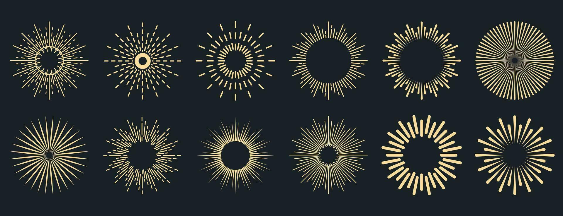Sunburst collection. Radial sunset beams. Bursting golden sun rays. Fireworks. Logotype or lettering design element. Flat vector illustration.