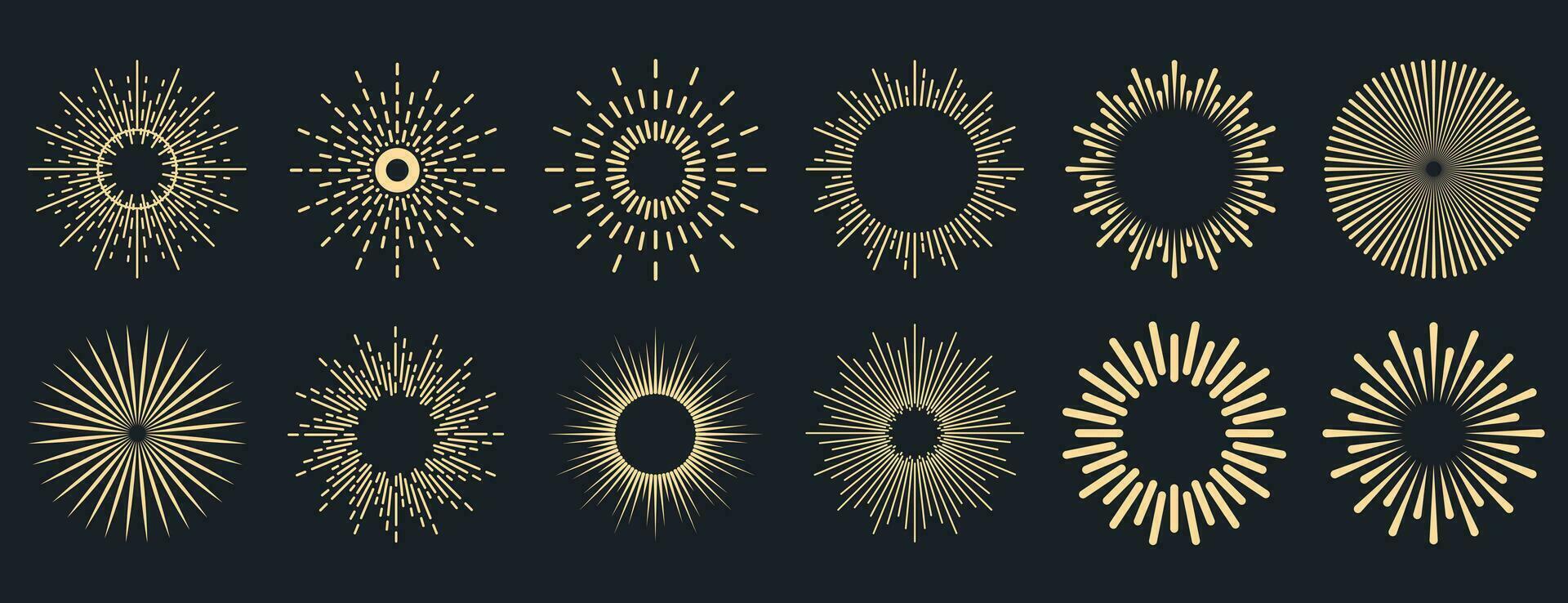 rayos de sol recopilación. radial puesta de sol vigas muy lleno dorado Dom rayos fuegos artificiales. logotipo o letras diseño elemento. plano vector ilustración.