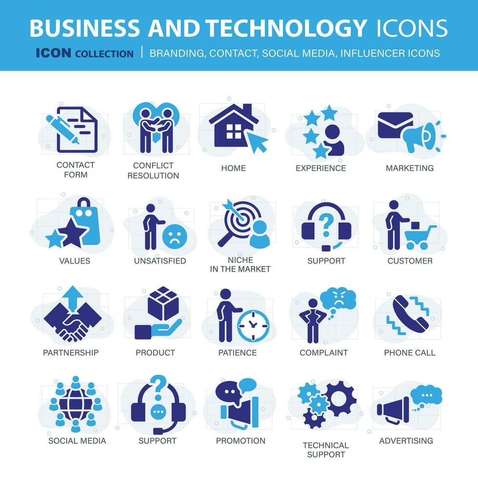 Customer service, branding, influencer, contact icon set. Contact us, follower, marketing, leadership, influence, content, community and customer icons. Support and satisfaction icon set. Vector