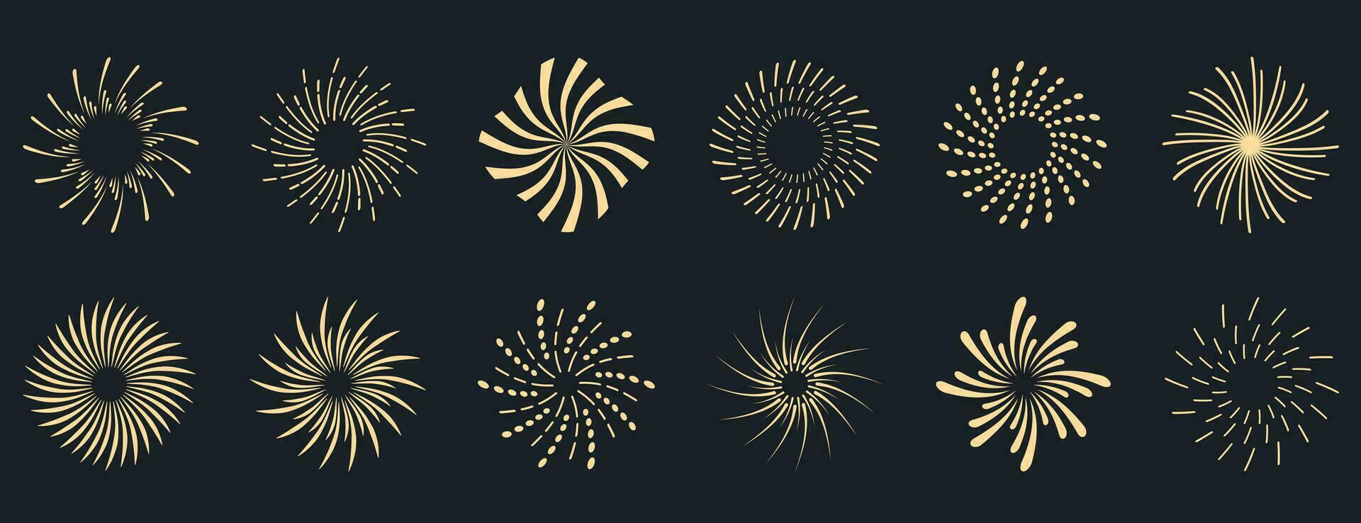 Sunburst collection. Radial sunset beams. Bursting golden sun rays. Fireworks. Logotype or lettering design element. Flat vector illustration.